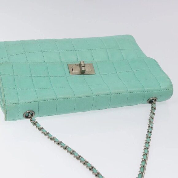 CHANEL Chain Choco Bar Shoulder Bag Lamb Skin Light Blue Silver CC Auth 126604 - Picture 10 of 15